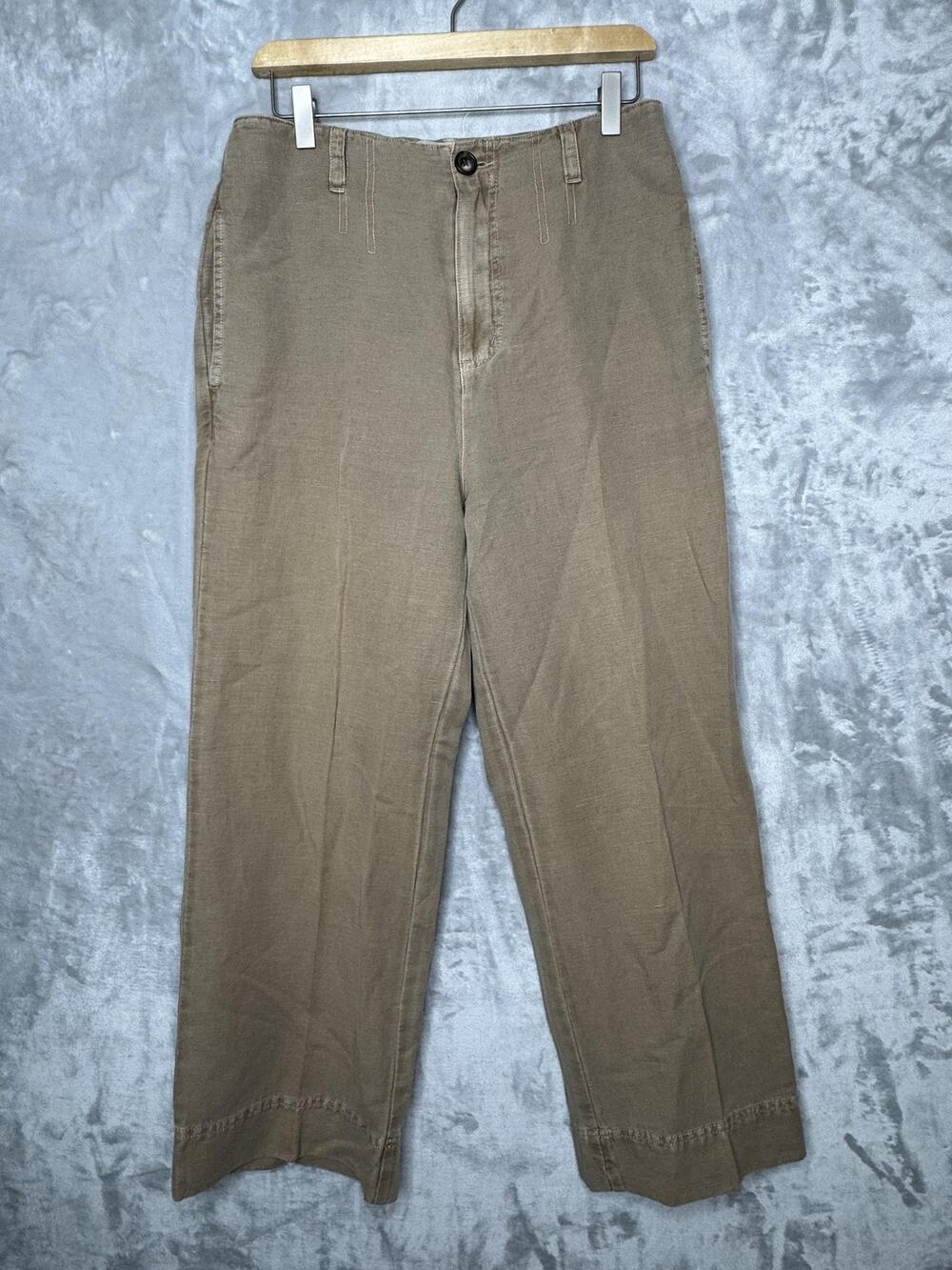 Sundance Pants Womens 6 Brown Linen Cotton Relaxed Cropped Embroidered Hem